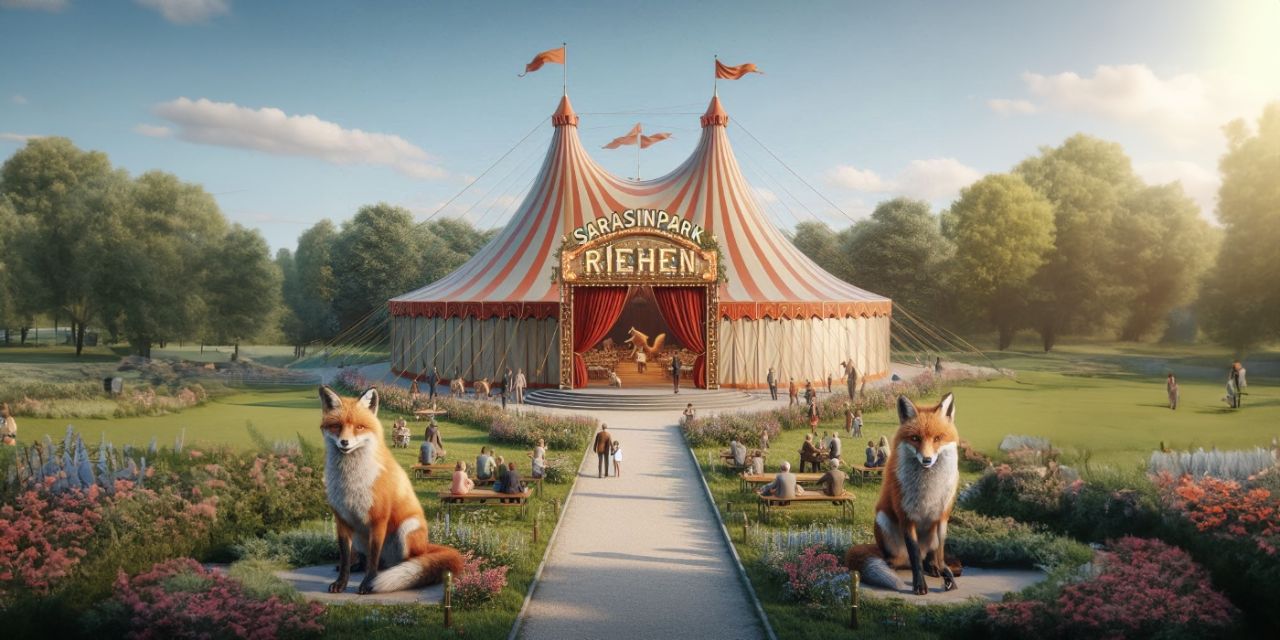 In einem Park steht ein Zirkuszelt, flankiert von zwei grossen Fuchs-Statuen. Das Bild ist durch KI generiert.