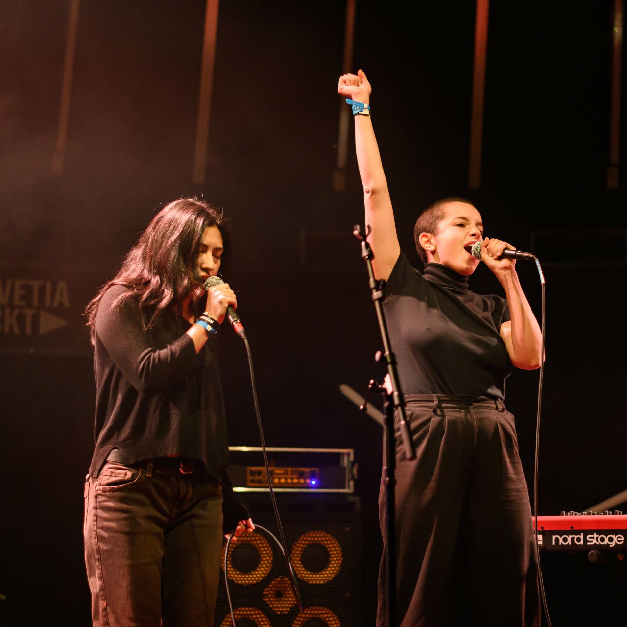 Zwei weiblich gelesene Personen singen auf der Bühne, sie tragen beide schwarze Kleidung. Eine der beiden reckt eine Faust in die Luft. 